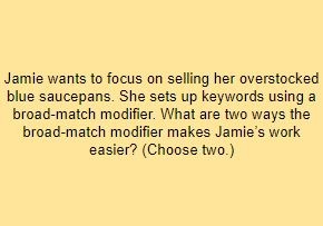 Jamie wants to focus on selling her overstocked blue saucepans. She sets up keywords using a broad-match modifier. What are two ways the broad-match modifier makes Jamie’s work easier? (Choose two.)