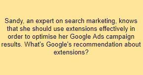 Sandy, an expert on search marketing, knows that she should use extensions effectively in order to optimise her Google Ads campaign results. What's Google's recommendation about extensions?