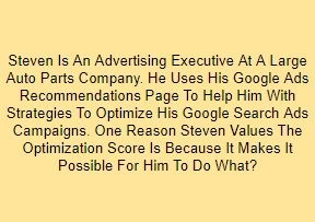 Steven Is An Advertising Executive At A Large Auto Parts Company. He Uses His Google Ads Recommendations Page To Help Him With Strategies To Optimize His Google Search Ads Campaigns. One Reason Steven Values The Optimization Score Is Because It Makes It Possible For Him To Do What?