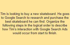 Tim is looking to buy a new skateboard. He goes to Google Search to research and purchase the best skateboard he can find. Organize the following steps in the logical order to describe how Tim’s interaction with Google Search Ads would occur from start to finish.