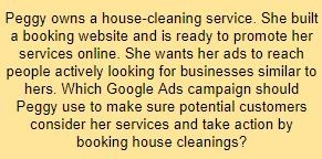 Peggy owns a house-cleaning service. She built a booking website and is ready to promote her services online. She wants her ads to reach people actively looking for businesses similar to hers. Which Google Ads campaign should Peggy use to make sure potential customers consider her services and take action by booking house cleanings?